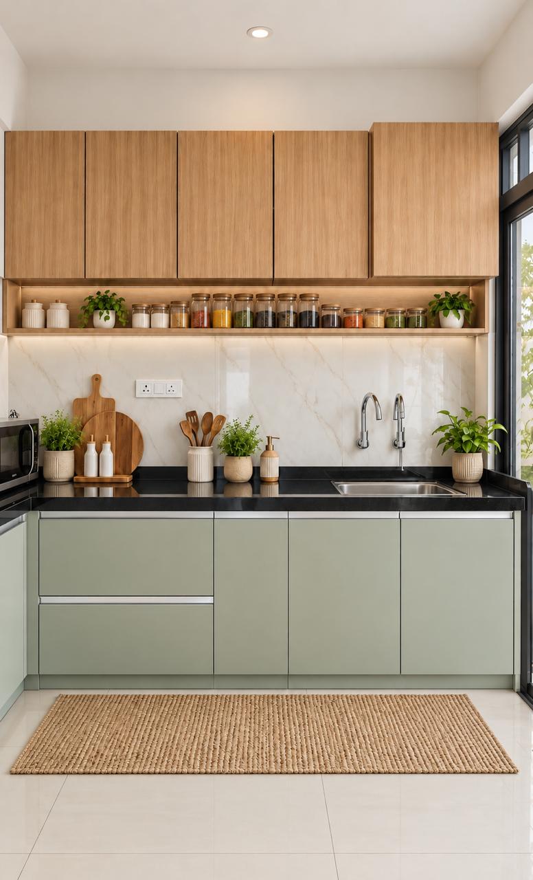 Modern minimalist kitchen with wooden upper cabinets